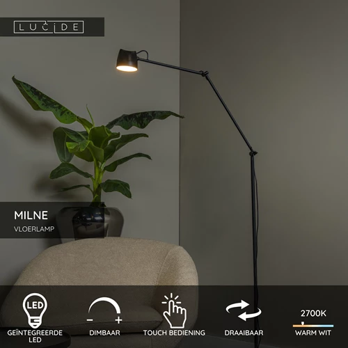 Lucide MILNE - Vloerlamp - LED Dimb. - 1x8W 2700K - Zwart - USP